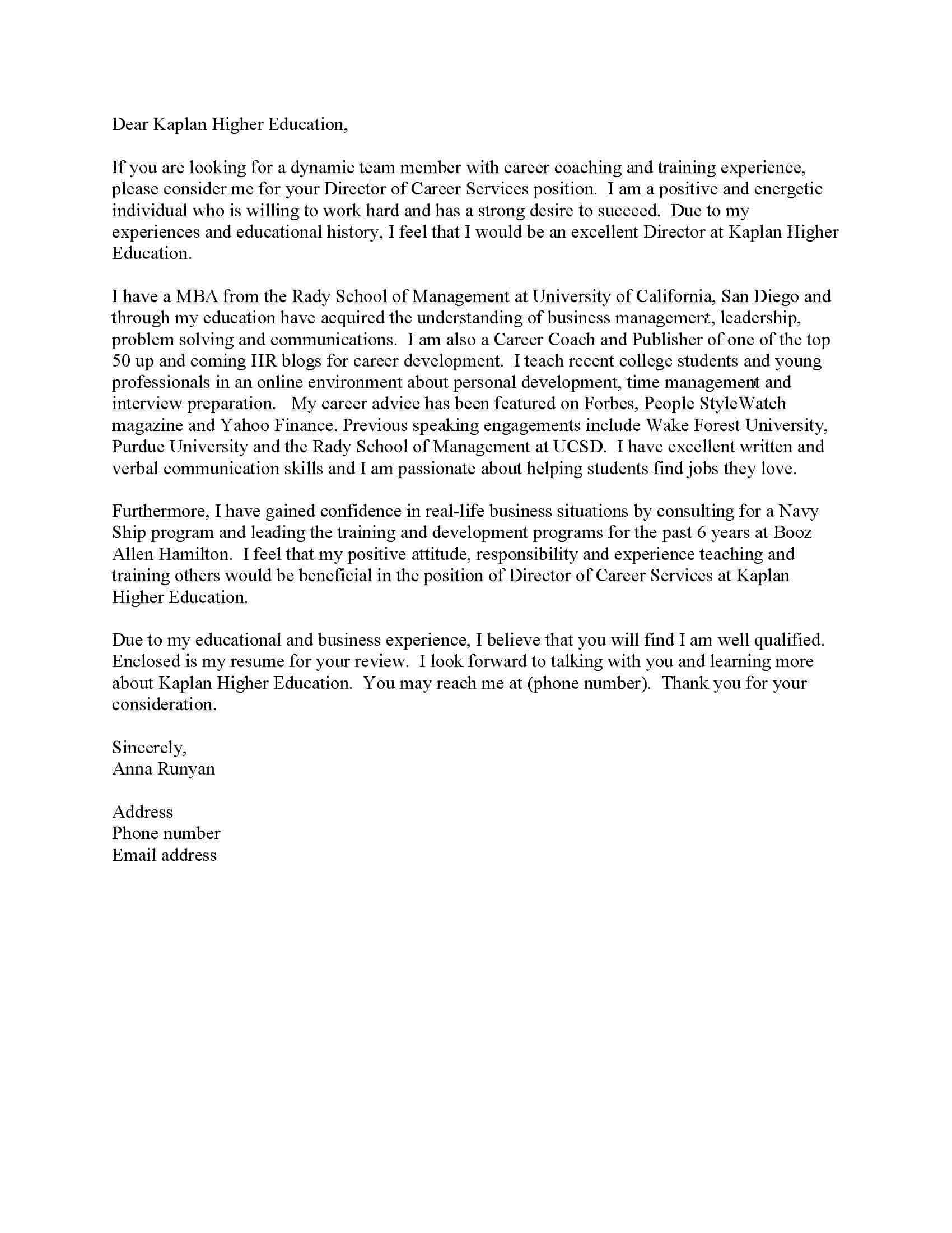 Anna's Resume With Cover Letter Sample for Kaplan